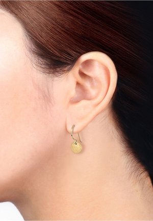 Gros plan sur l'oreille d'une personne aux cheveux raides châtain rouge, portant une petite boucle d'oreille en or en forme d'anneau avec un pendentif circulaire plat.