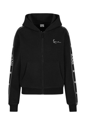 Black zip-up hoodie made of soft fabric, featuring a logo on the chest, two front pockets, and white star patterns along the sleeves.