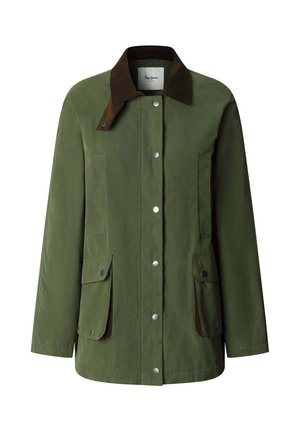 Grüne Jacke mit einem braunen Kordkragen, Druckknöpfen, zwei Fronttaschen und einem geraden Schnitt. Hergestellt aus einem strapazierfähigen Stoff.
