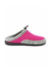 Vilt slippers met een roze bovenkant, grijze viltonderdelen, een zwarte rubberen zool en een trekkoord voor verstelbare pasvorm.