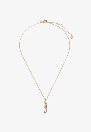 Goldene Halskette mit einem detaillierten Seepferdchen-Anhänger, texturiertem Design mit polierter Oberfläche und einem Karabinerverschluss.