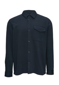 Marineblauw overhemd met lange mouwen van zachte stof, met een knoopsluiting aan de voorkant, een zak op de linkerkant van de borst en een kraag.