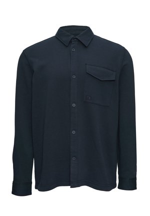 Marineblauw overhemd met lange mouwen van zachte stof, met een knoopsluiting aan de voorkant, een zak op de linkerkant van de borst en een kraag.