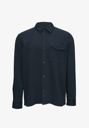 Marineblauw overhemd met lange mouwen van zachte stof, met een knoopsluiting aan de voorkant, een zak op de linkerkant van de borst en een kraag.