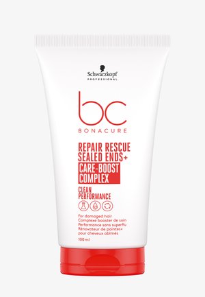 Weißer Tubus mit roten Akzenten und Text. Enthält die Worte "bc Bonacure Repair Rescue Sealed Ends+ Care-Boost Complex" und "Clean Performance." 100 ml.