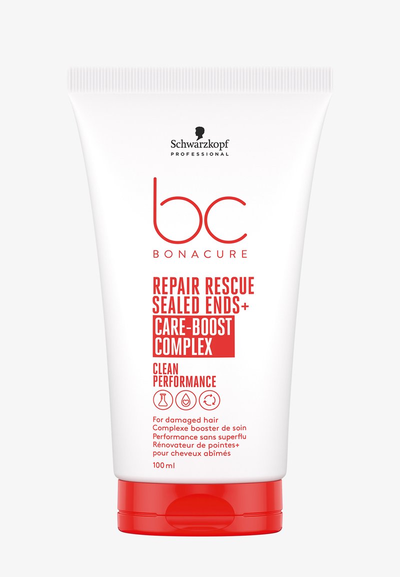 Tube blanche avec accents rouges et texte. Contient les mots « bc Bonacure Repair Rescue Sealed Ends+ Care-Boost Complex » et « Clean Performance ». 100 ml.