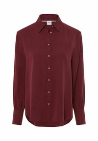 Wine-colored long-sleeve shirt with a button-down collar, front placket, and rounded hem. Smooth fabric with subtle sheen.