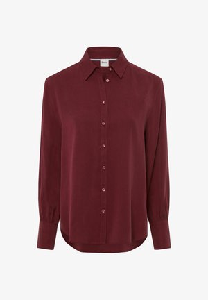 Bordeauxkleurig overhemd met lange mouwen, een button-down kraag, een stolpplat en een afgeronde zoom. Glad stof met een subtiele glans.