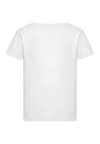 Hvid bomulds T-shirt med korte ærmer, klassisk rund hals, glat tekstur og en ensfarvet ryg uden grafik eller mønstre.