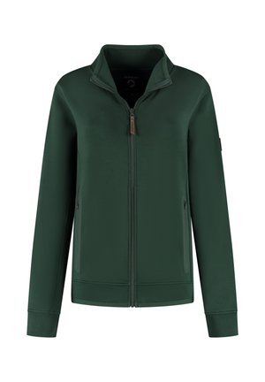 Donkergroen zip-up jack met hoge kraag, lange mouwen en twee ritszakken aan de zijkant, weergegeven op een witte achtergrond.