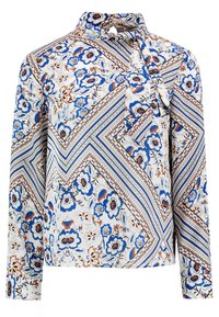 Dlouhý rukáv bílá halenka s modrými a hnědými květinovými vzory a geometrickými doplňky, s stojáčkem a zavazovacím detailem u výstřihu.