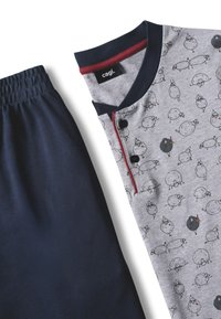 Set di pigiami per bambini con pantaloni elastici blu navy e maglietta grigia che presenta pecore giocose e due pecore nere che tengono coni di gelato.