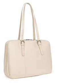 Borsa a tracolla in pelle beige con due manici lunghi, chiusura con zip, forma rettangolare elegante e dettagli di cucitura sottili. Texture liscia.