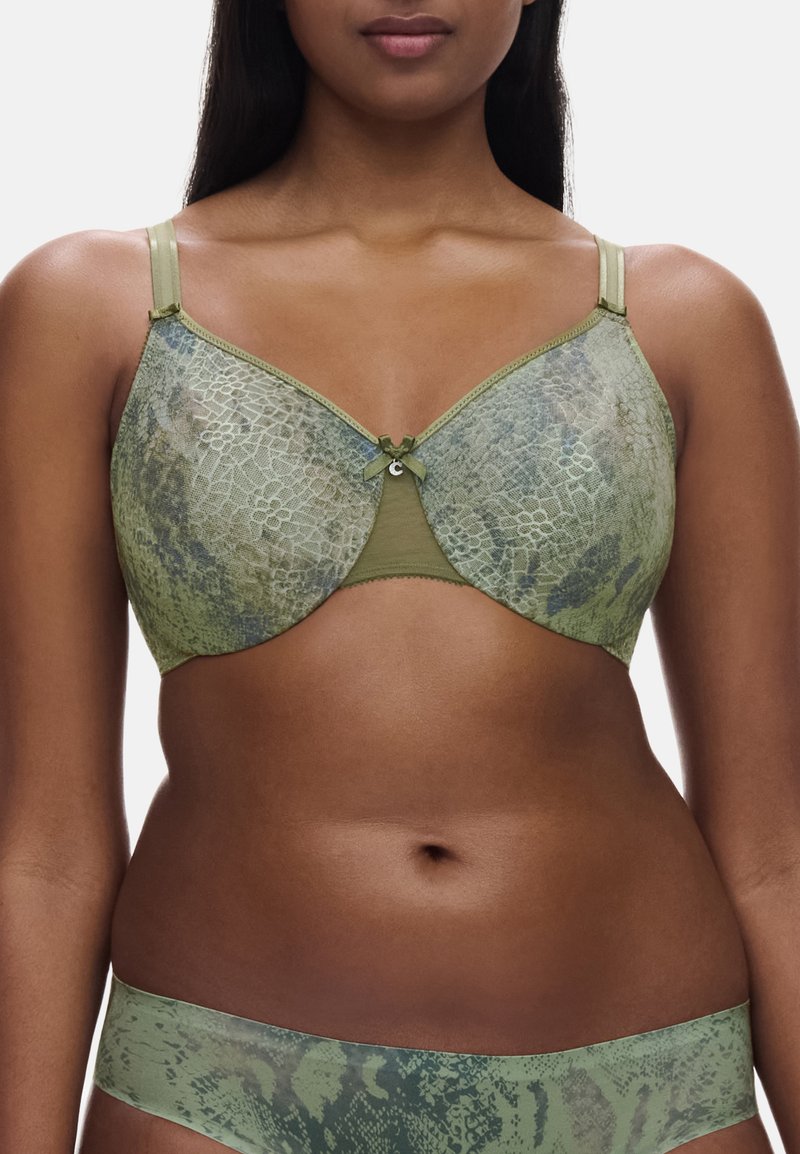 Green snake-print bra with underwire and adjustable straps, featuring a decorative bow at the center and a smooth texture.