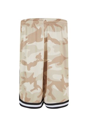 Pantaloni scurți de camuflaj bej cu o textură din plasă, având o dunga alb-negru la tiv și un tiv elastic.