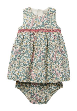 Robe bébé sans manches avec bloomer assorti, à imprimé floral rose pastel et blanc avec de fines rayures horizontales rouges sur la poitrine.