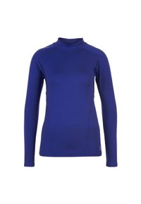 T-shirt à manches longues de couleur bleu vif avec un col haut, texture lisse et design ajusté. Comprend des accents subtils sur les épaules.