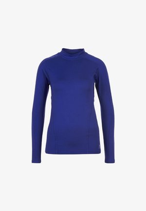 T-shirt à manches longues de couleur bleu vif avec un col haut, texture lisse et design ajusté. Comprend des accents subtils sur les épaules.