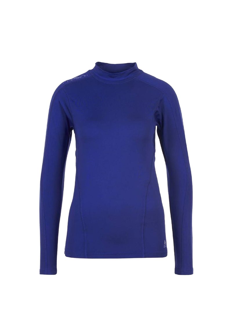 T-shirt à manches longues de couleur bleu vif avec un col haut, texture lisse et design ajusté. Comprend des accents subtils sur les épaules.