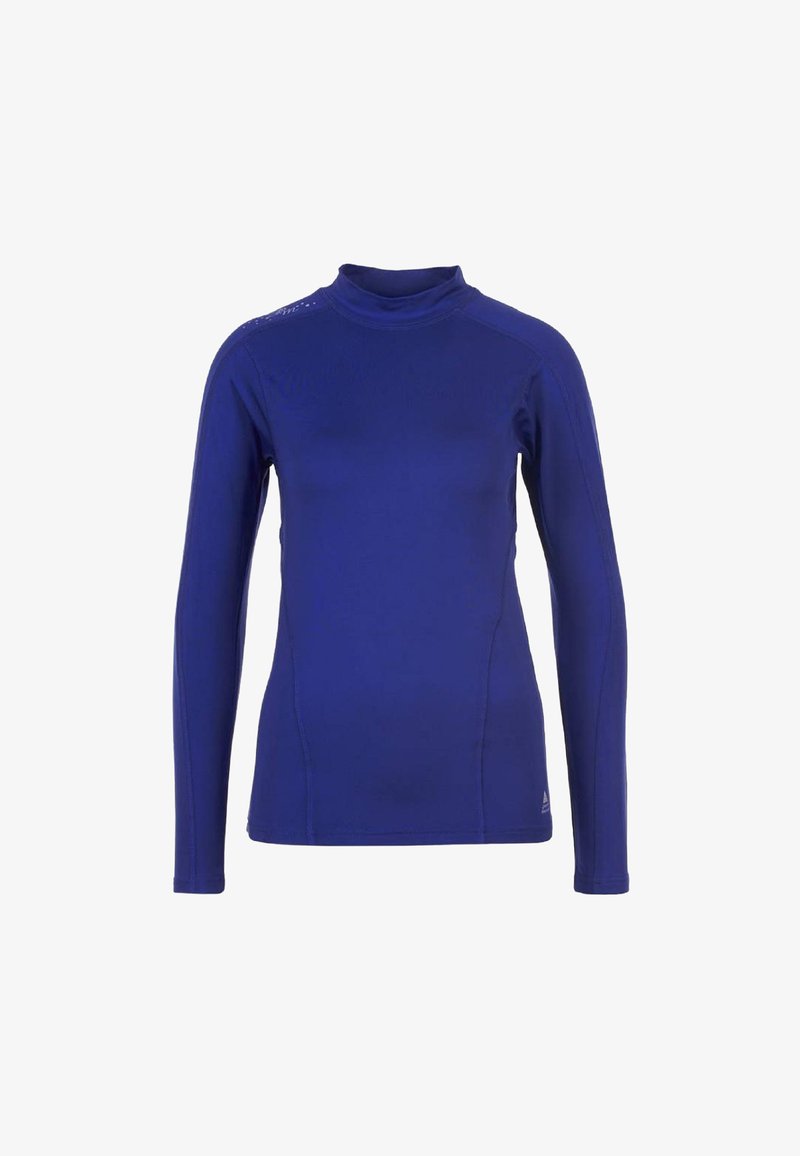 T-shirt à manches longues de couleur bleu vif avec un col haut, texture lisse et design ajusté. Comprend des accents subtils sur les épaules.
