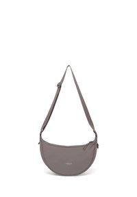 Sac d'épaule gris semi-circulaire avec bandoulière réglable et fermeture éclair, comportant un petit texte de marque "LARKSON" au centre avant.