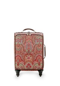 Wheeled suitcase featuring a paisley pattern in red, pink, green, and gold tones, with a brown handle and gold clasps, sturdy rubber wheels.