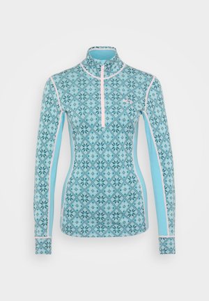 Bluză sport cu mânecă lungă, albastru deschis, având un model geometric în albastru închis. Guler cu fermoar și accente roz, design strâmt.