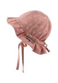 Cappello da sole in cotone rosa con motivo floreale, ampia visiera, bordo arricciato e lacci legati per una vestibilità sicura. Texture morbida e design leggero.