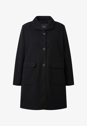 Cappotto di lana nera con colletto, bottoni frontali e due tasche a toppa sui lati. Tessuto liscio e taglio su misura, leggermente oversize.