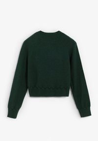 Tmavě zelený pletený svetr s kulatým výstřihem, ribovanými manžetami a vlnkovým lemem. Má přiléhavý, zkrácený střih.