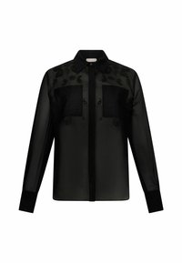 Blusa nera trasparente con maniche lunghe, frontale con bottoni, due tasche sul petto e ricami floreali sullo scollo. Tessuto liscio e taglio sartoriale.