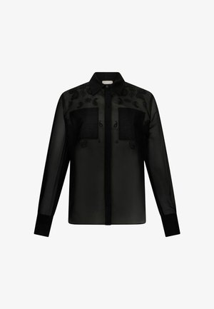 Czarna przezroczysta bluzka z długimi rękawami, zapinana na guziki z dwoma kieszeniami na piersiach i kwiatowym haftem na karczku. Gładka faktura i dopasowany krój.