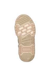 Tan rubberen schoenzool met gestructureerde patronen, waaronder groeven en verhoogde accenten, voor grip en ondersteuning. Beschikt over een rechthoekig versterkingsgebied.