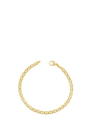 Goldenes Kettenarmband mit ineinandergreifenden ovalen Gliedern und einem Karabinerverschluss auf weißem Hintergrund.