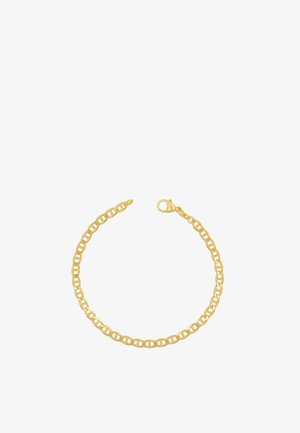 Goldenes Kettenarmband mit ineinandergreifenden ovalen Gliedern und einem Karabinerverschluss auf weißem Hintergrund.