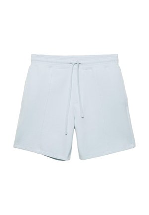 Pantaloni scurți casual de culoare albastru deschis, cu talie elastică și șnur reglabil, având detalii cusute în față și buzunare laterale.