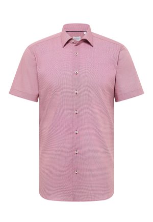 Herenoverhemd met korte mouwen in effen lichtroze, voorzien van een klassieke kraag en witte knopen aan de voorkant.