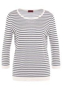 Gebreide trui met een ronde hals, voorzien van horizontale marineblauwe en witte strepen. Lange mouwen en een gestructureerde, lichte stof.