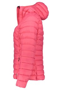 Růžová péřová bunda s kapucí, která se vyznačuje prošívaným designem, lehkým materiálem a úzkými rukávy. Zapínání na přední straně na zip a boční kapsy.