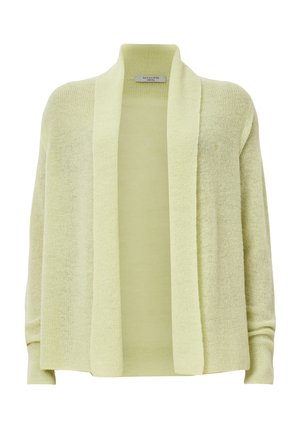Lichtgroene cardigan, open voorkant, gebreide textuur, lange mouwen, zacht materiaal, relaxed fit, geen sluitingen, minimale stijlinformatie.