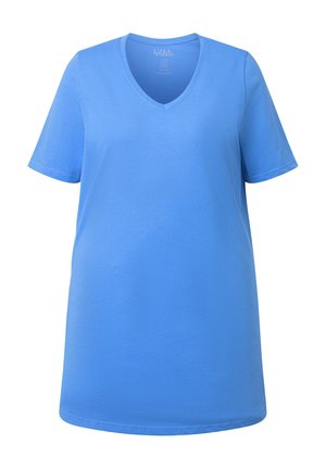 T-shirt bleu à manches courtes avec col en V, en tissu lisse, conçu pour une coupe décontractée.