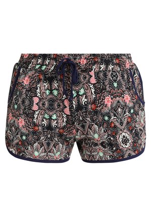 Pantalones cortos con estampado floral sobre un fondo azul marino oscuro, con cintura elástica y cordón. Cuenta con dos bolsillos laterales y una textura de tela suave.