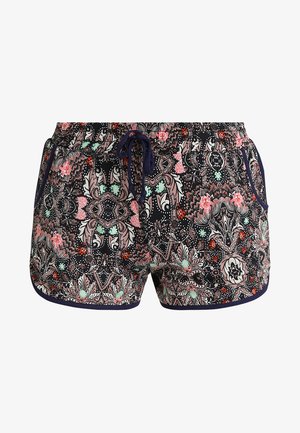 Shorts à motifs floraux avec un fond bleu marine foncé, taille élastique et cordon de serrage. Comprend deux poches latérales et une texture de tissu douce.