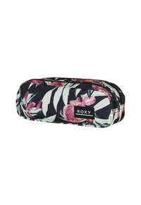 Étui à crayons floral avec un fond noir, ornée de motifs de fleurs tropicales roses et blanches, avec fermeture éclair et étiquette de logo sur le côté.