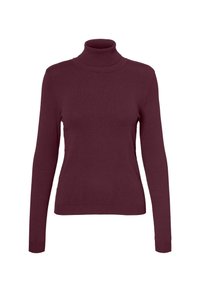 Maglione a collo alto color bordeaux realizzato in morbido tessuto lavorato a maglia. Presenta maniche lunghe e un design aderente con finiture a costine al colletto e all'orlo.