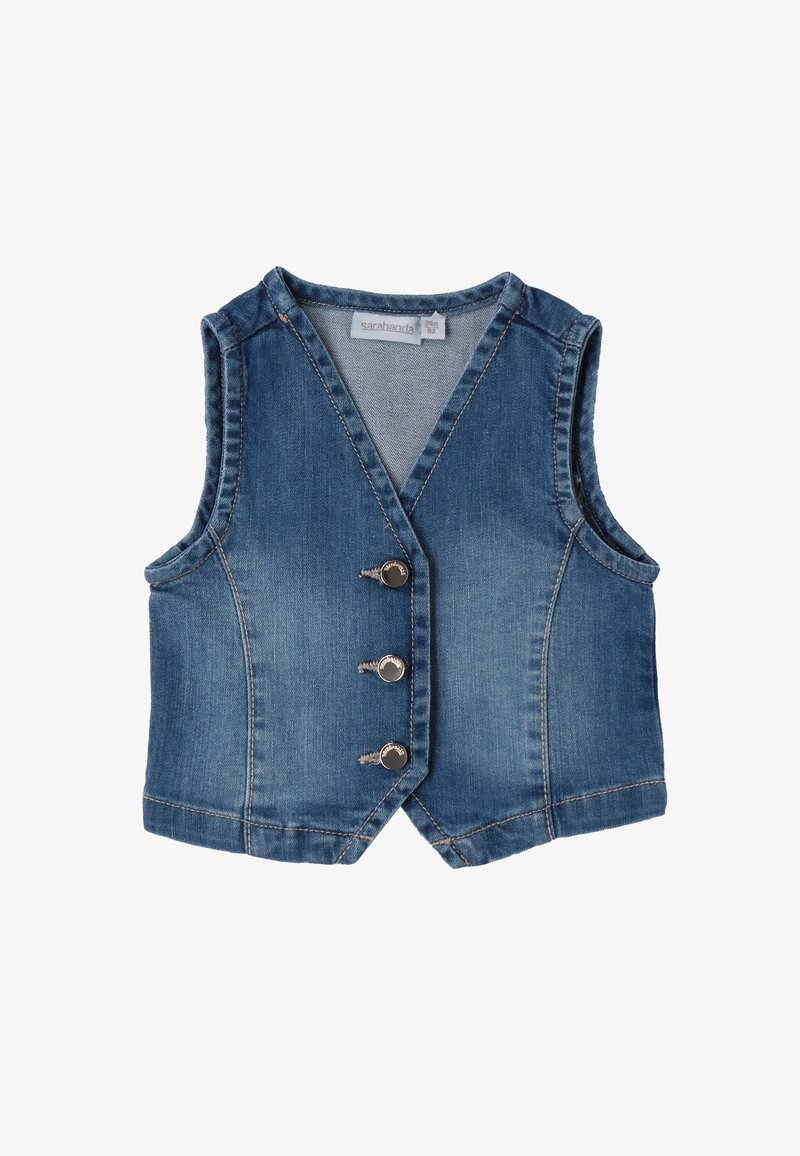 Kamizelka dżinsowa, w jasnoniebieskim kolorze, bez rękawów, z dekoltem w kształcie litery V i trzema srebrnymi zapięciami na guziki. Czyste szwy i gładka faktura.