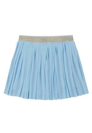 Jupe plissée bleu clair avec une large ceinture élastique argentée, présentée à plat sur fond blanc.