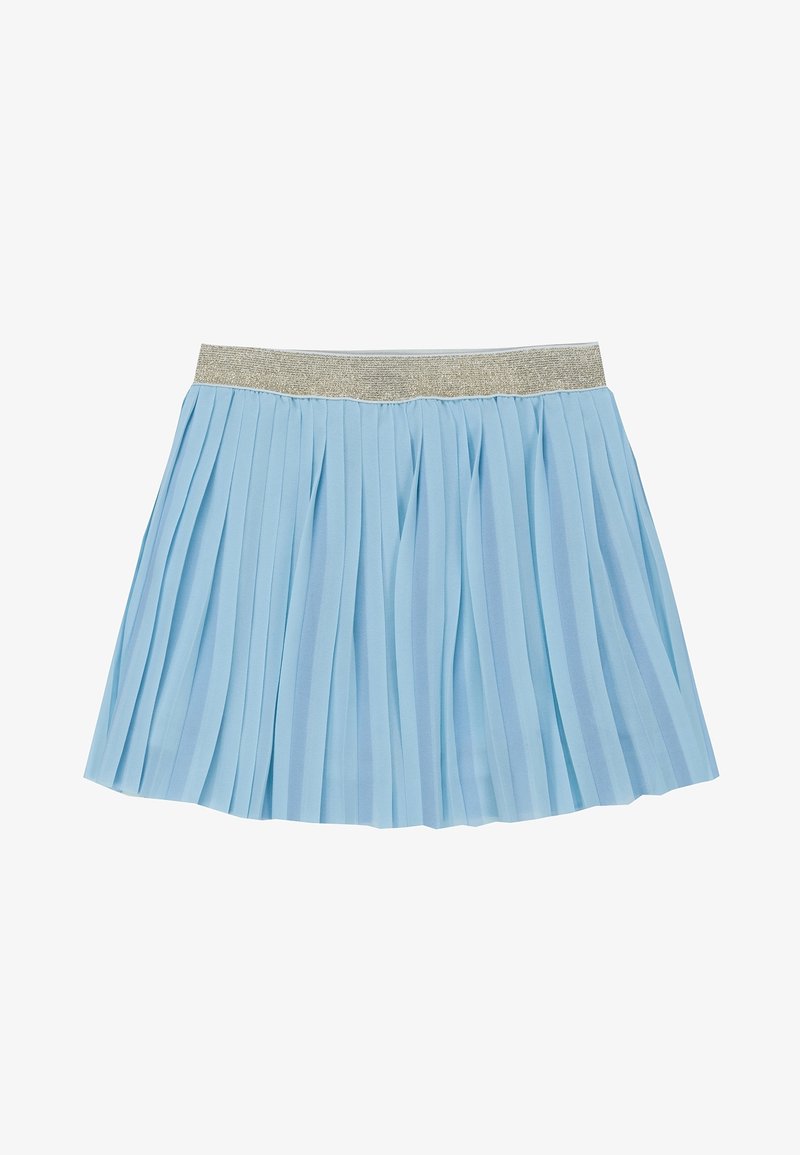Jupe plissée bleu clair avec une large ceinture élastique argentée, présentée à plat sur fond blanc.