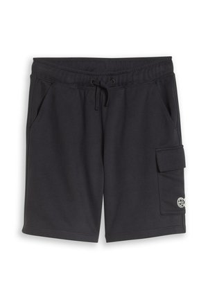 Schwarze Freizeithose mit Kordelzugbund, Seitentaschen und einer Klapptasche am rechten Bein mit kleinem rundem Logo.
