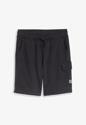 Schwarze Freizeithose mit Kordelzugbund, Seitentaschen und einer Klapptasche am rechten Bein mit kleinem rundem Logo.
